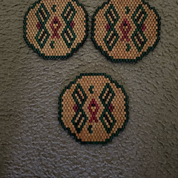 Vintage Set Of 3 Wooden Beaded Geometric Patterned Trivets For Hot Cookware 6in - Picture 8 of 8